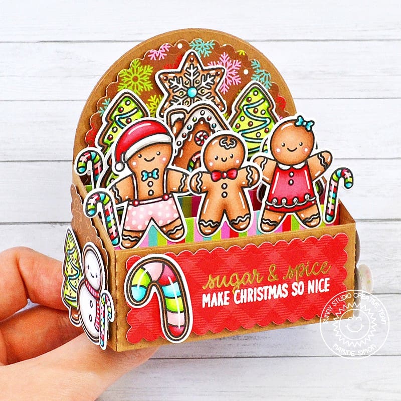 Sunny Studio Sugar & Spice Gingerbread Man, Boy, & Girl Curved Pop-up Box Holiday Card using Christmas Cookies Clear Stamps