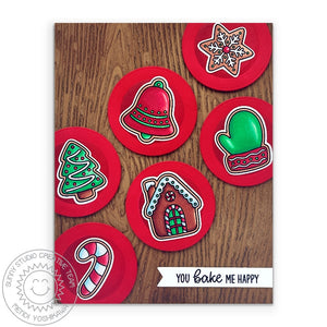Sunny Studio Stamps You Bake Me Happy Christmas Cookies on Red Plates Wood Embossed Card (using Woodgrain 6x6 Embossing Folder)