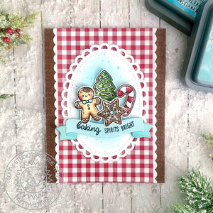 Sunny Studio Red Gingham Gingerbread Man Holiday Cookies Scalloped Christmas Card using Brilliant Banner 1 Metal Cutting Die