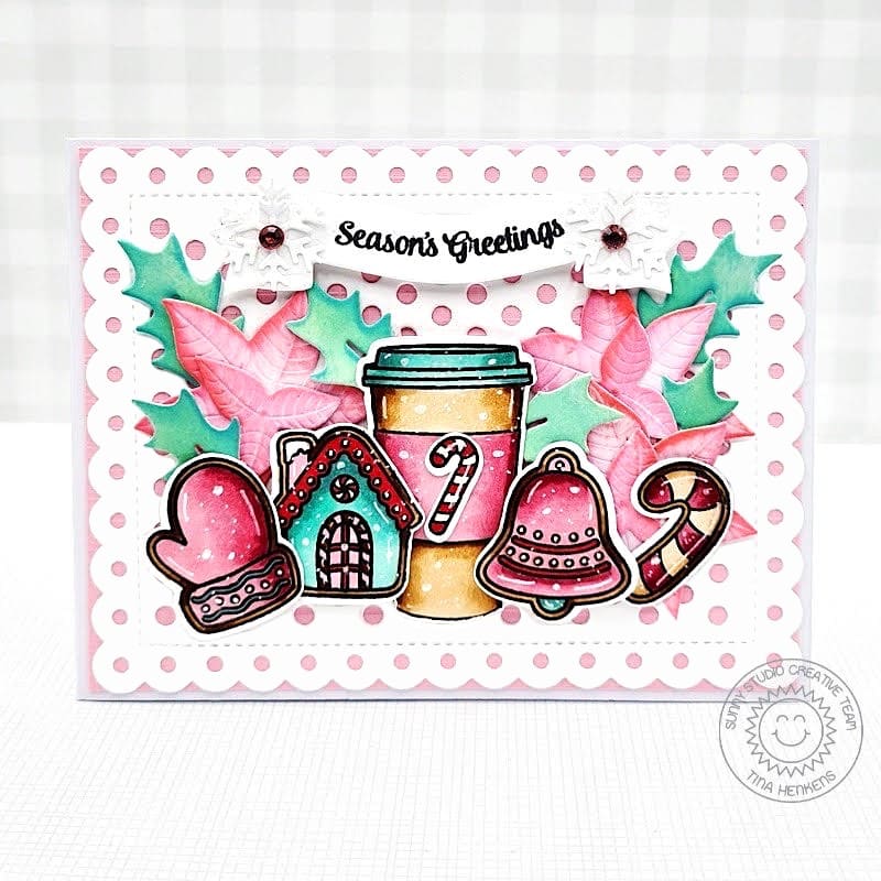 Sunny Studio Stamps Coffee Cup & Holiday Christmas Cookies Scalloped Card using Frilly Frames Polka-Dot Metal Cutting Dies