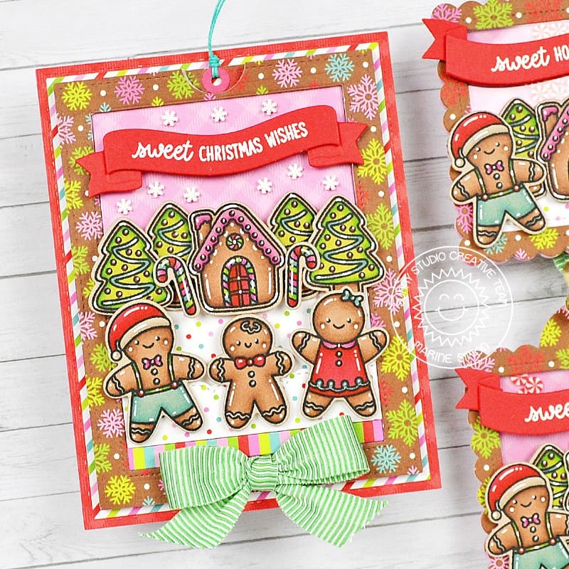 Sunny Studio Gingerbread Interactive Holiday Christmas Card & Scalloped Square Gift Tags using Sliding Window Metal Craft Die