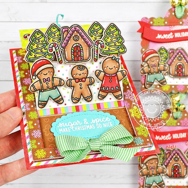 Sunny Studio Gingerbread Pop-up Holiday Christmas Card & Scalloped Square Gift Tags using Sliding Window Metal Craft Dies