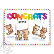 Sunny Studio Congrats Friend Cats Floating with Rainbow Alphabet Balloons Congratulations Card using Cat Antics Clear Stamps