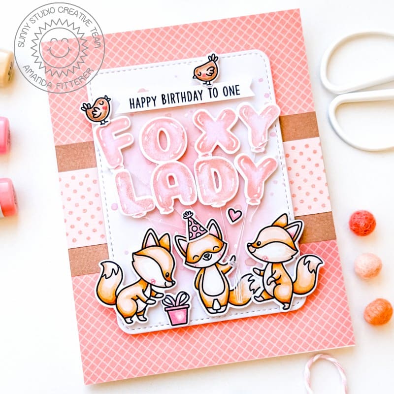 Sunny Studio Happy Birthday To One Foxy Lady Coral Polka-Dot Fox & Balloons Card using Foxy Friends 4x6 Clear Craft Stamps 