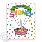 Sunny Studio Rainbow Embossed Balloons & Polka-dots Personalized Cat Birthday Card using Balloon Alphabet Clear Craft Stamps