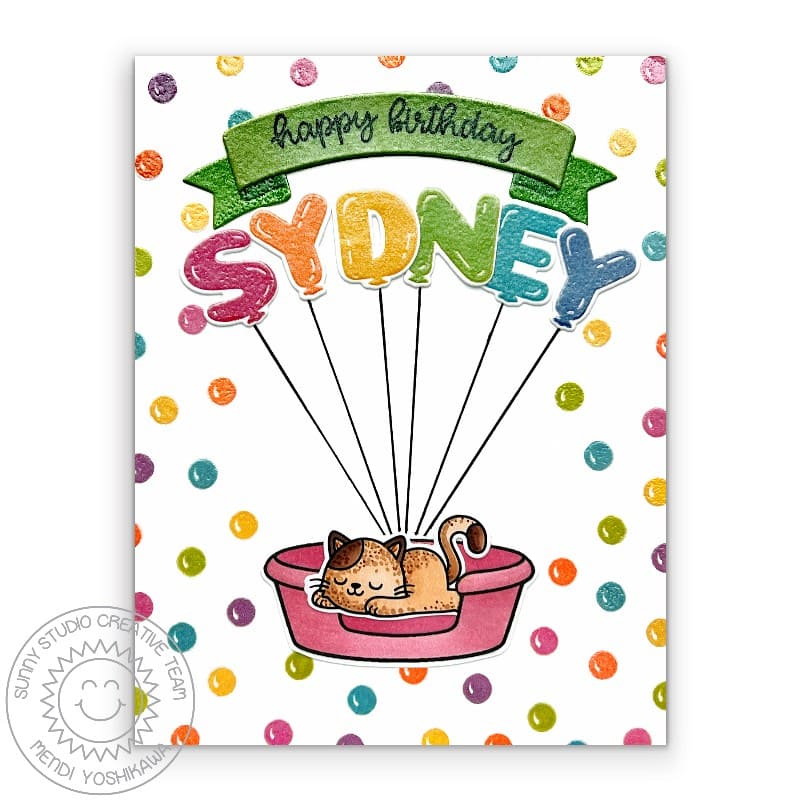 Sunny Studio Rainbow Embossed Balloons & Polka-dots Personalized Kitty Cat Birthday Card using Cat Antics Clear Craft Stamps
