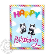 Sunny Studio Cats Hanging from Alphabet Balloons in Clouds Rainbow Striped Birthday Card using Cat Antics Clear Craft Stamps