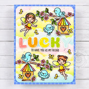 Sunny Studio Fairy, Birds, Birdhouse & Tree Branches Lucky You're My Friend Card using Balloon Alphabet Clear Craft Stamps