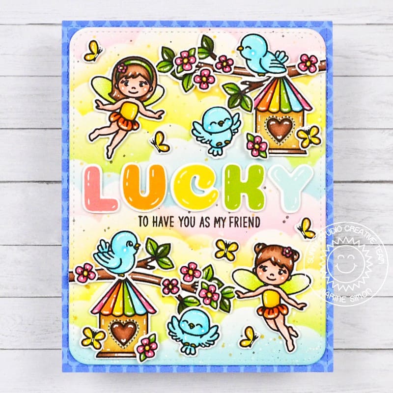 Sunny Studio Fairy, Birds, Birdhouse & Tree Branches Lucky You're My Friend Card using Balloon Alphabet Clear Craft Stamps