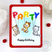 Sunny Studio Kitty Cats Hanging From Alphabet Balloons Rainbow Birthday Party Card using Cat Antics 4x6 Clear Craft Stamps