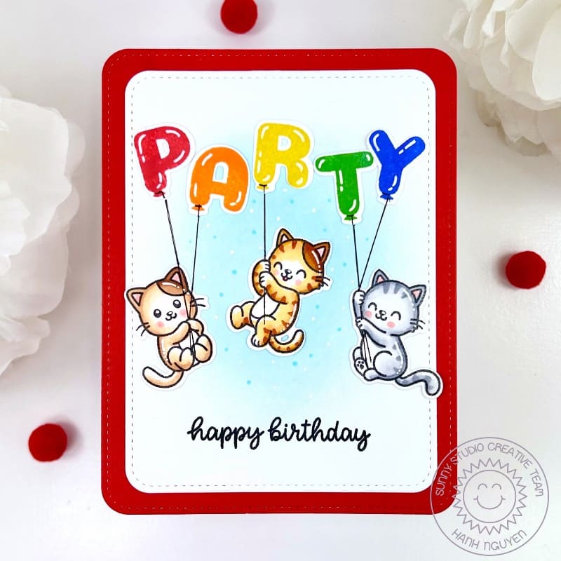 Sunny Studio Kitty Cats Hanging From Alphabet Balloons Rainbow Birthday Party Card using Cat Antics 4x6 Clear Craft Stamps