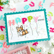 Sunny Studio Happy Wishes Floating Corgi Dog Birthday Card using Balloon Alphabet 4x6 Clear Photopolymer Craft Stamps