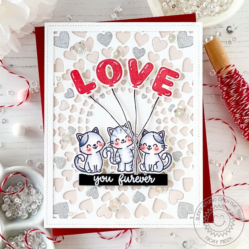 Sunny Studio Love You Furever Heart Kitty Cat Holding Balloons Valentine's Day Card using Cat Antics 4x6 Clear Craft Stamps