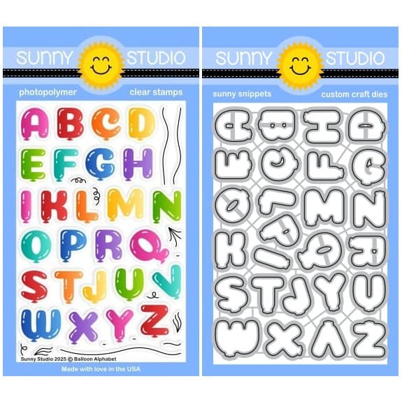 Sunny Studio Balloon Alphabet Clear Stamps & Metal Cutting Craft Dies for Stamping, Cardmaking, Scrapbooking, & Paper Crafts