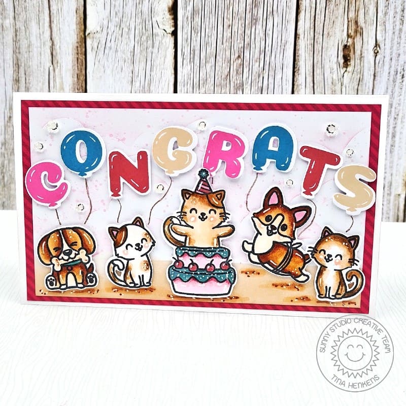 Sunny Studio Kitty Cat & Dog Party Congrats Congratulations Mini Slimline Card using Balloon Alphabet 4x6 Clear Craft Stamps