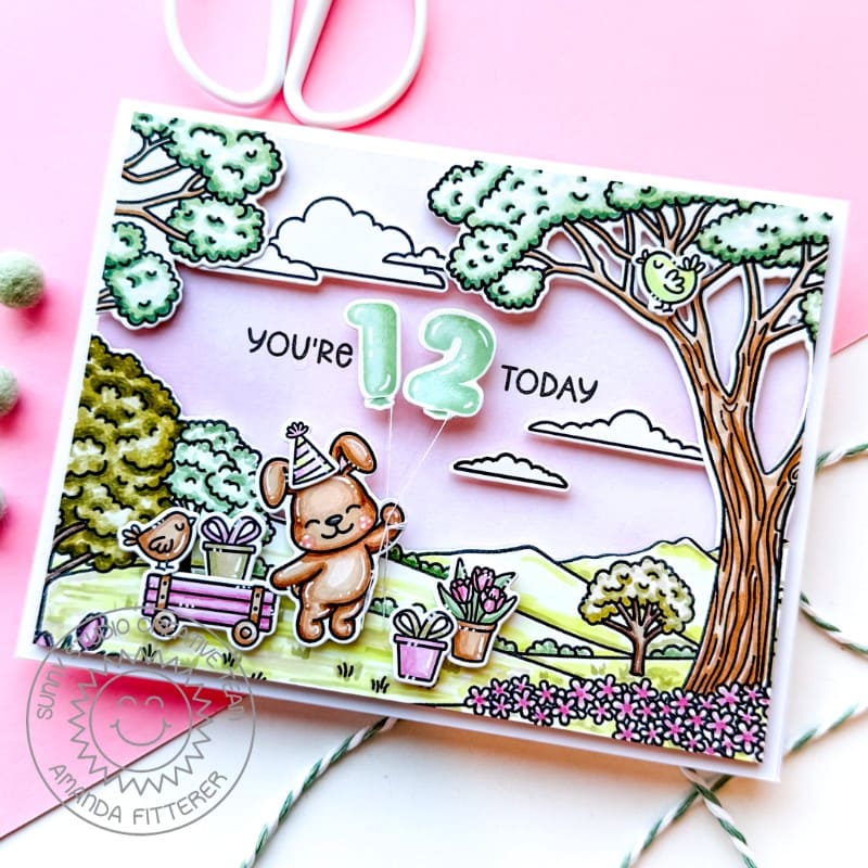 Sunny Studio Bunny Floating with Numbered Balloons Personalized 12th Birthday Card using Balloon Numbers Clear Craft Stamps