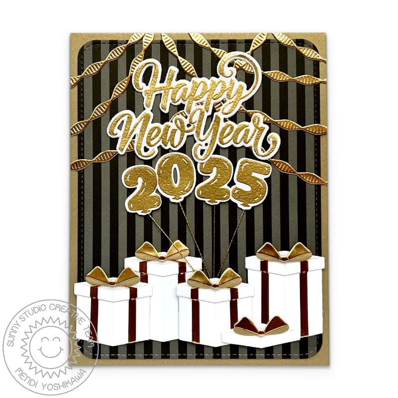 Sunny Studio Stamps Gold Balloons, Streamers & Gifts Happy New Year 2025 Dated Card using Rounded Rectangle Mat Craft Dies