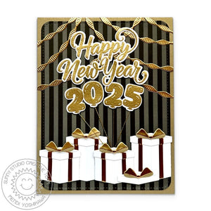 Sunny Studio Stamps Black & Metallic Gold Balloons & Holiday Gifts Happy New Year Card using Crepe Paper Streamers Craft Dies