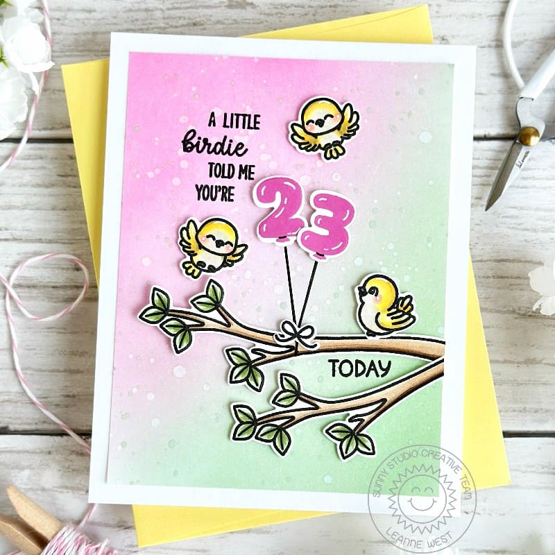 Sunny Studio A Little Birdie Told Me You're 23 Today Milestone Birthday Bird Card using Balloon Numbers Clear Craft Stamps