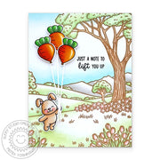 Sunny Studio Bunny Being Lifted by Carrot Balloons Spring Easter Card using Majestic Meadow 6x6 Background Clear Craft Stamps