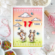 Sunny Studio Bunnies Floating with Balloons "You're 17 Today" 17th Birthday Card using Balloon Numbers 3x4 Clear Craft Stamps