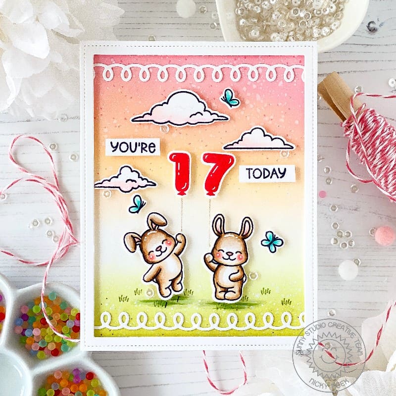 Sunny Studio Bunnies Floating with Balloons "You're 17 Today" 17th Birthday Card using Balloon Numbers 3x4 Clear Craft Stamps