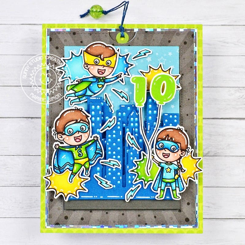 Sunny Studio Stamps Superhero City Buildings Interactive Pop-up Birthday Card using Cityscape Border Metal Cutting Craft Die