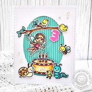 Sunny Studio Garden Fairy, Birds, Caterpillar, Bee & Cake Oval 3rd Birthday Card using Balloon Numbers Clear Craft Stamps