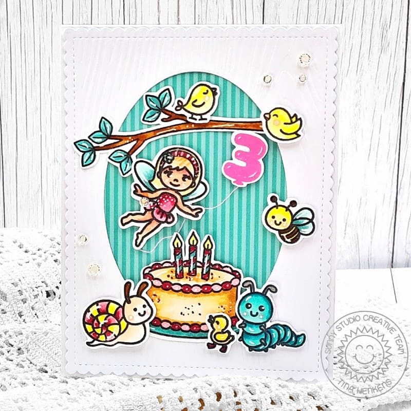 Sunny Studio Garden Fairy, Birds, Caterpillar, Bee & Cake Oval 3rd Birthday Card using Balloon Numbers Clear Craft Stamps