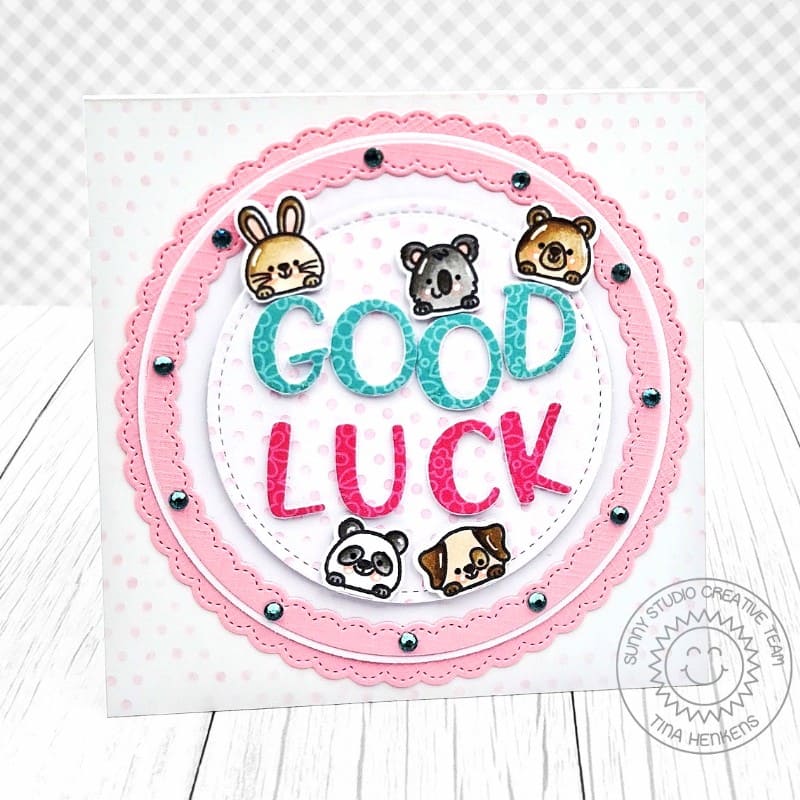 Sunny Studio Stamps Critters Good Luck Pink Scalloped Circular Shaped Card using Fancy Frames Circle Metal Cutting Craft Dies