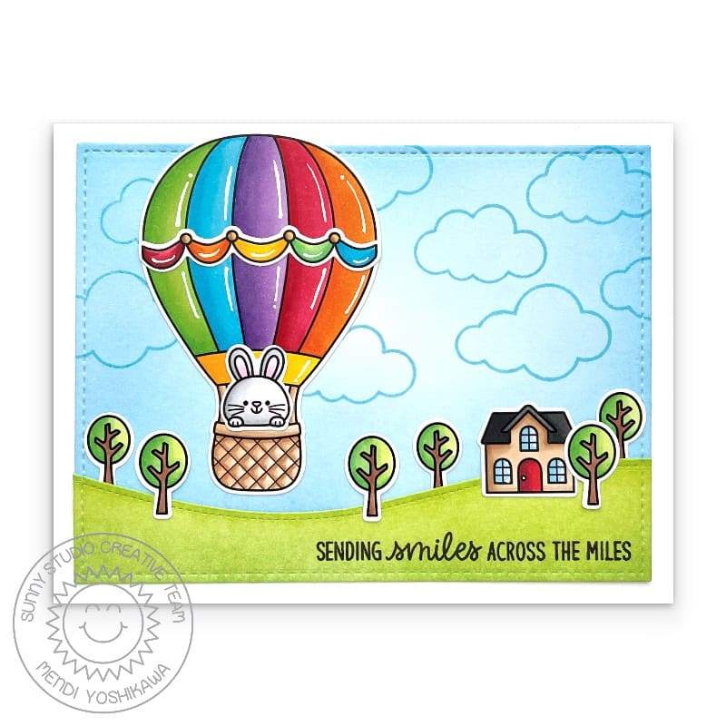 Sunny Studio Sending Smiles Across the Miles Rainbow Hot Air Balloon Summer Card using Balloon Rides 4x6 Clear Craft Stamps
