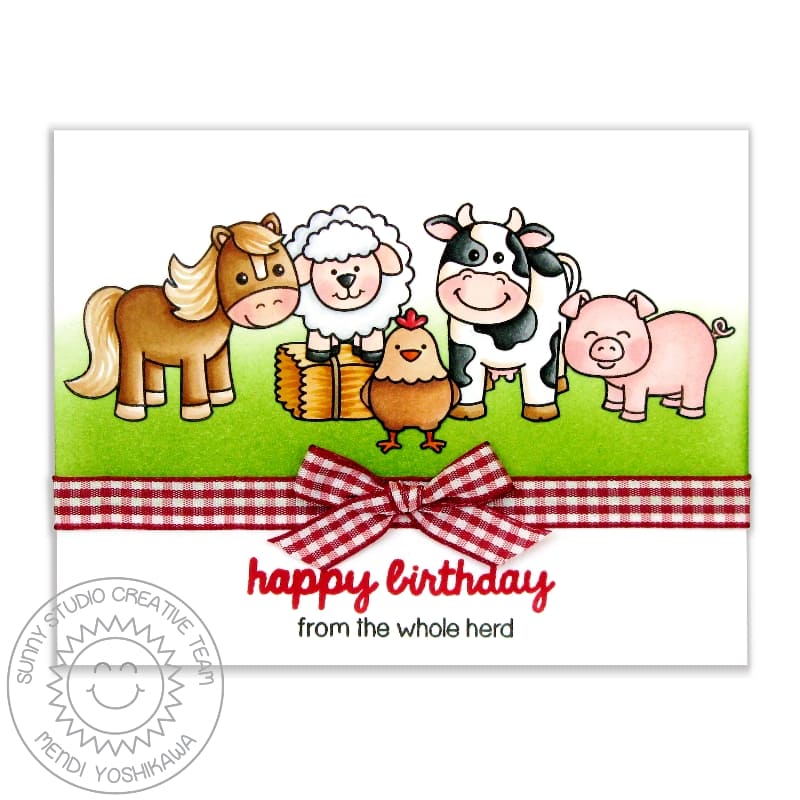 Sunny Studio Happy Birthday From The Whole Herd Farm Cow, Horse, Sheep, Pig & Chicken Card Barnyard Buddies Clear Craft Stamp