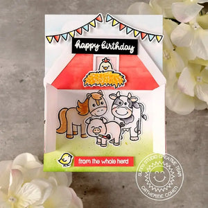Sunny Studio Stamps Barnyard Buddies Happy Birthday From the Whole Herd Lift-the-Flap Barn with Chicken, Pig, Horse Cow Card