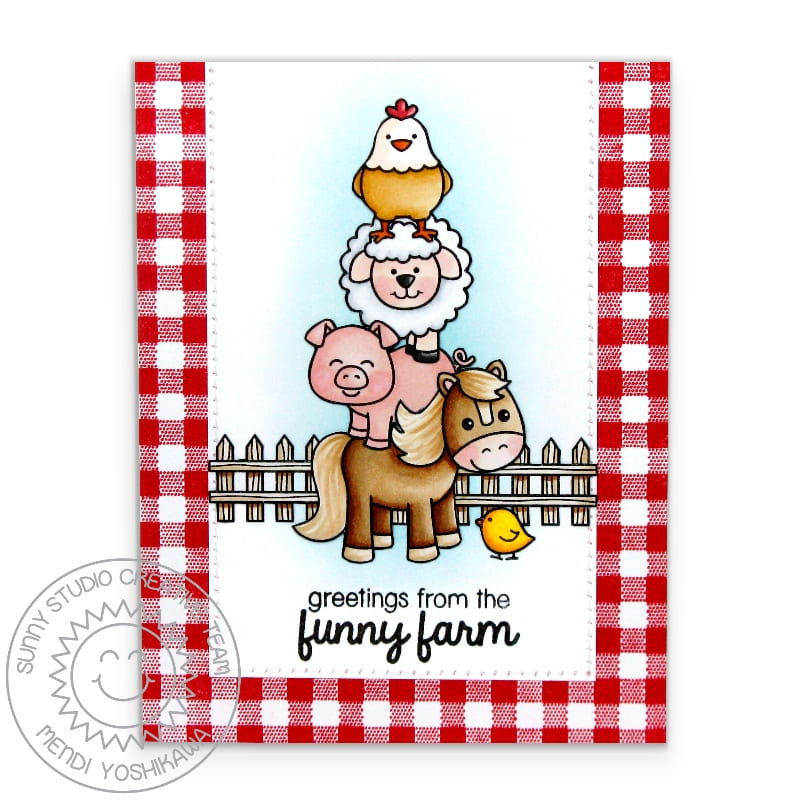 Sunny Studio Horse, Pig, Sheep, & Chicken Stack of Farm Animals Red Gingham Card using Barnyard Buddies Clear Craft Stamps