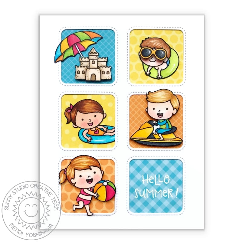 Sunny Studio Stamps Kid's Beach Party Summer Grid Style Card (using Classic Gingham 6x6 Paper Pack)