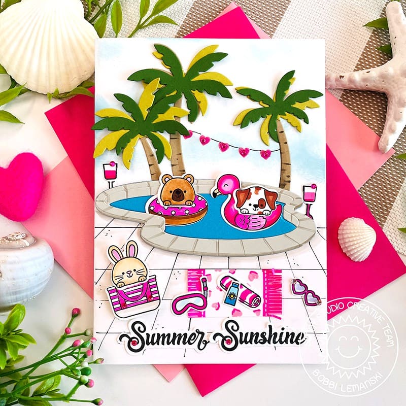 Sunny Studio Critters Barbie Inspired Pool Party with Palm Trees Summer Card using Tropical Trees Backdrop Metal Cutting Die