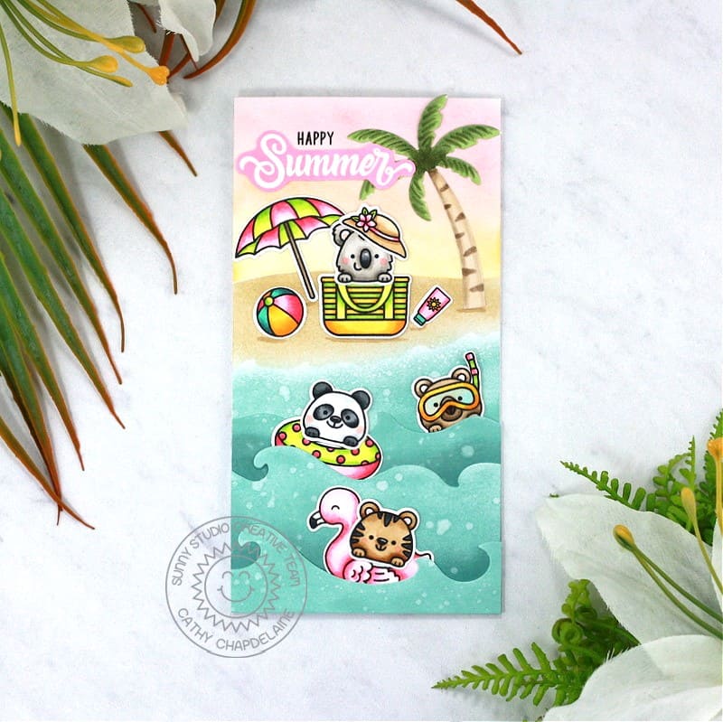 Sunny Studio Critters Swimming in the Ocean Waves with Floaties Summer Slimline Card (using Beach Buddies 4x6 Clear Stamps)