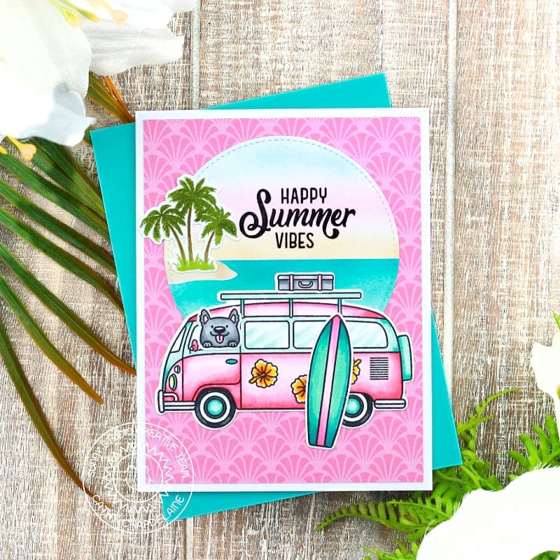 Sunny Studio Happy Summer Vibes Pink Flower Power Vintage VW Bug-Inspired Travel Card using Beach Bus 4x6 Clear Craft Stamps