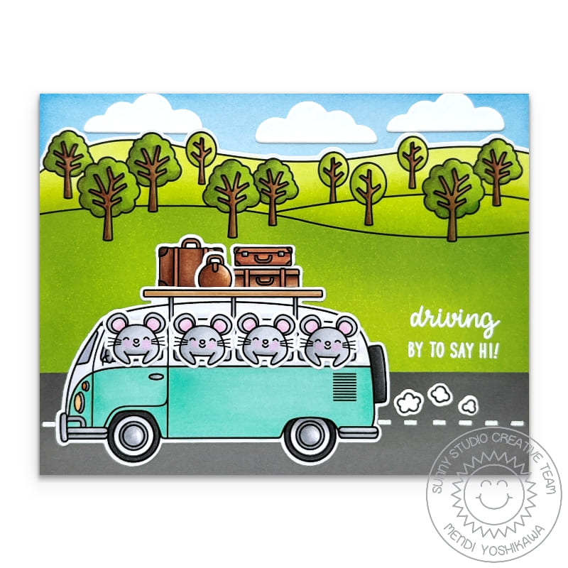 Sunny Studio Mice in VW Bus with Luggage Suitcases Driving By To Say Hi Summer Card using Country Scenes Clear Craft Stamps