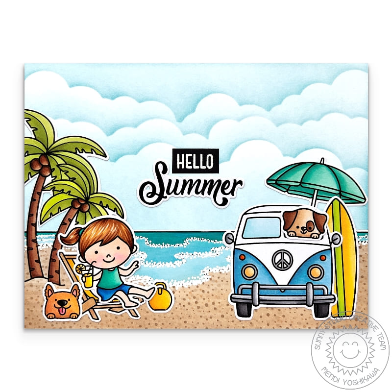 Sunny Studio Stamps VW Bus on Beach with Surfboard, Girl & Dogs Hello Summer Ocean Card using Fluffy Cloud Border Craft Dies