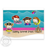 Sunny Studio Kids Riding Floaties in Ocean Waves at the Beach, Sunny Summer Smiles Card using Catch a Wave Border Craft Dies