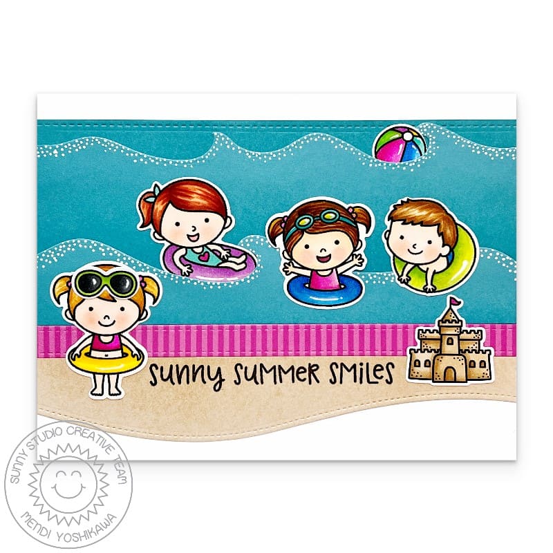 Sunny Studio Kids Riding Floaties in Ocean Waves at the Beach, Sunny Summer Smiles Card using Catch a Wave Border Craft Dies
