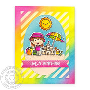 Sunny Studio Stamps Girl with Sand Castle Rainbow Striped Hello Sunshine Summer Beach Card using Frilly Frames Stripes Dies