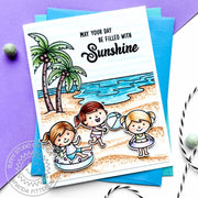 Sunny Studio Kids Playing with Beach Ball, Sand, Waves, Palm Trees & Summer Sunshine Card using Ocean View Clear Craft Stamps