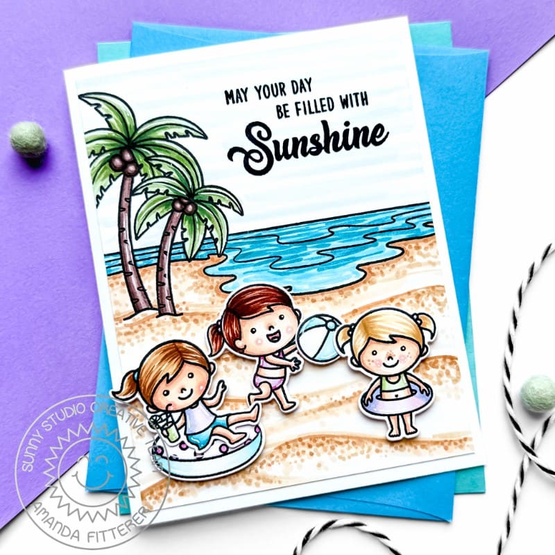 Sunny Studio Kids Playing with Beach Ball, Sand, Waves, Palm Trees & Summer Sunshine Card using Ocean View Clear Craft Stamps