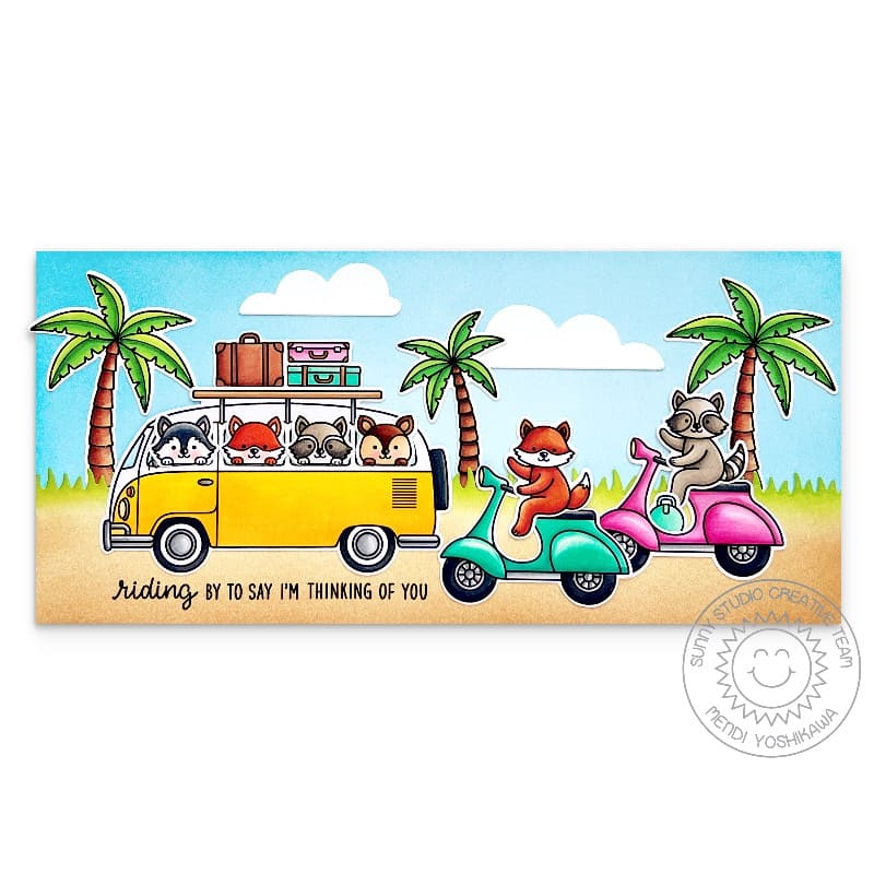 Sunny Studio Riding By To Say I'm Thinking of You VW Bus & Scooters Summer Slimline Card using Beach Bus Clear Craft Stamps