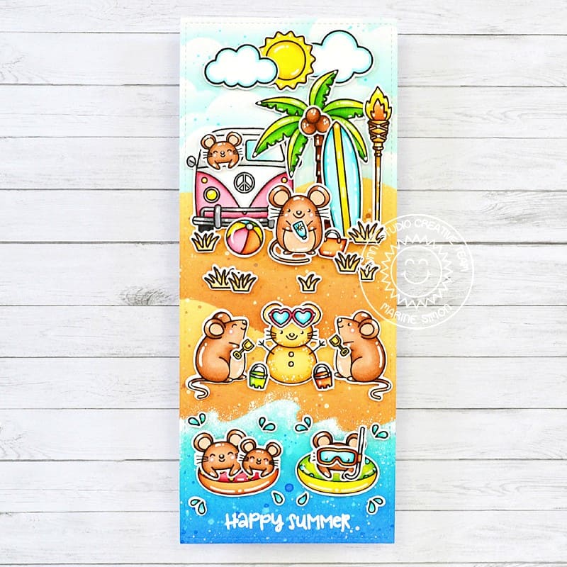 Sunny Studio Mouse Playing in Beach Sand & Waves with VW Bus Slimline Summer Card using Harvest Mice Clear Craft Stamps