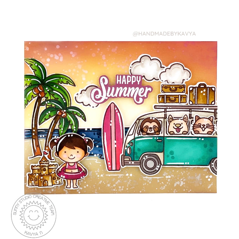 Sunny Studio VW Van with Critters & Girl Visiting the Ocean Happy Summer Scene Card using Beach Bus Clear Craft Stamps