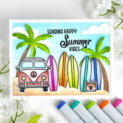 Sunny Studio Sending Happy Summer Vibes VW Bug with Palm Trees & Surf Boards using Beach Bus 4x6 Clear Craft Stamps
