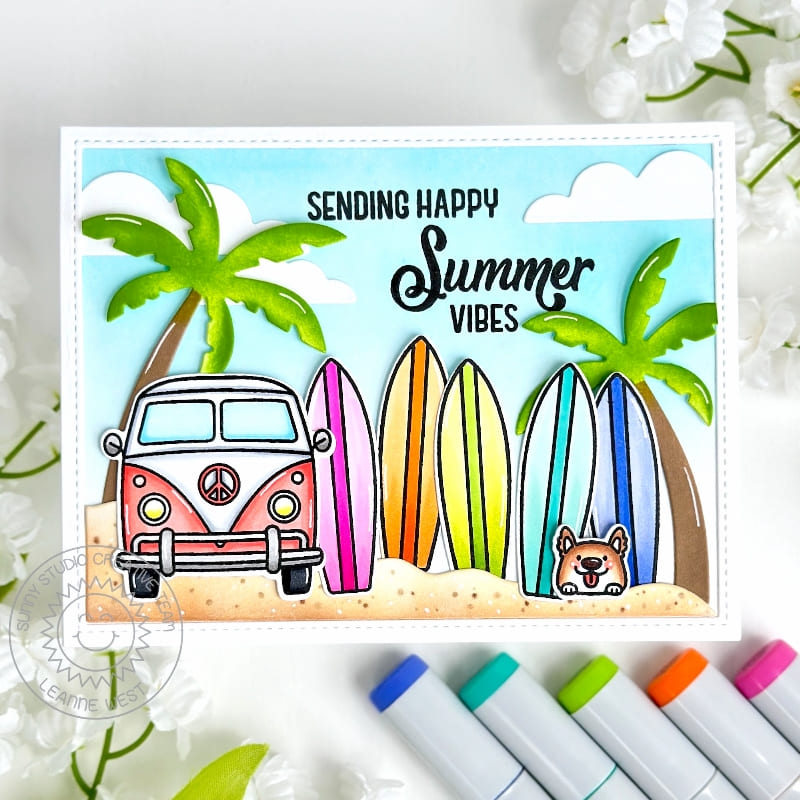 Sunny Studio Sending Happy Summer Vibes VW Bug with Palm Trees & Surf Boards using Beach Bus 4x6 Clear Craft Stamps